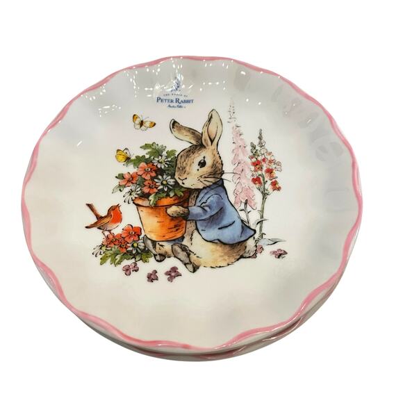 Beatrix Potter Peter Rabbit Easter Salad Plates Set of 4 Scalloped Pink Trim NEW - Picture 5 of 14